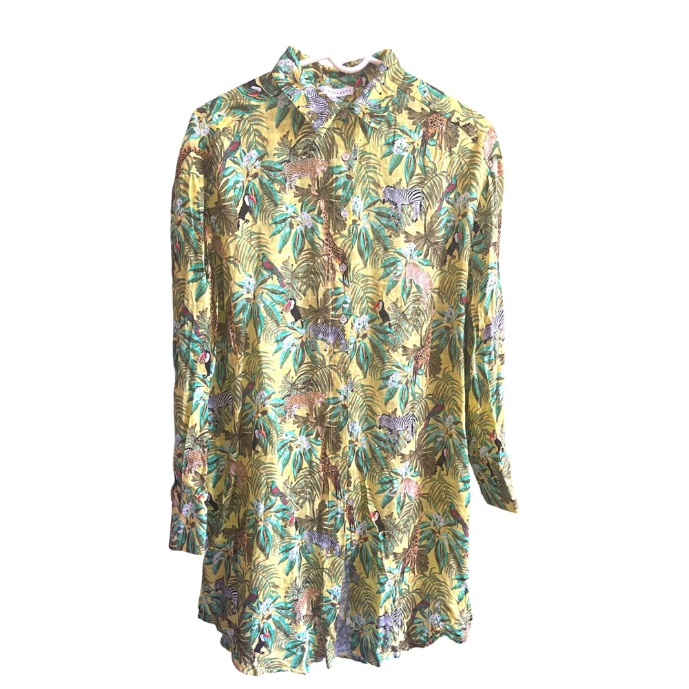 Jane + Delancey Yellow Jungle Safari‎ Print Long Button Up Tunic Top Shirt S